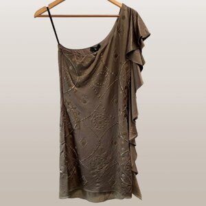 Sky Embellished Bronze Ruffled One Shoulder Mini Dress Lined Sexy NEW Medium